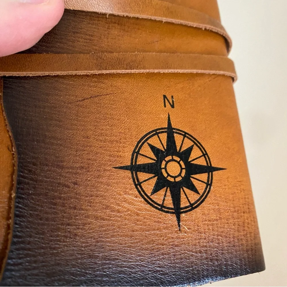 Small Brown Leather Journal with Compass Design and Leather Wrap Closure